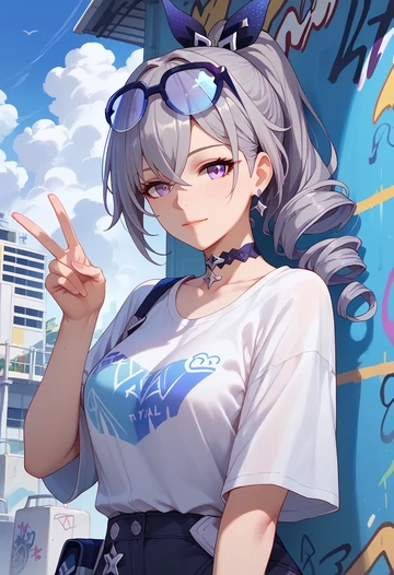 star rail,silver wolf,oversized graffiti shirt,dolphin shorts  - AI generated anime art